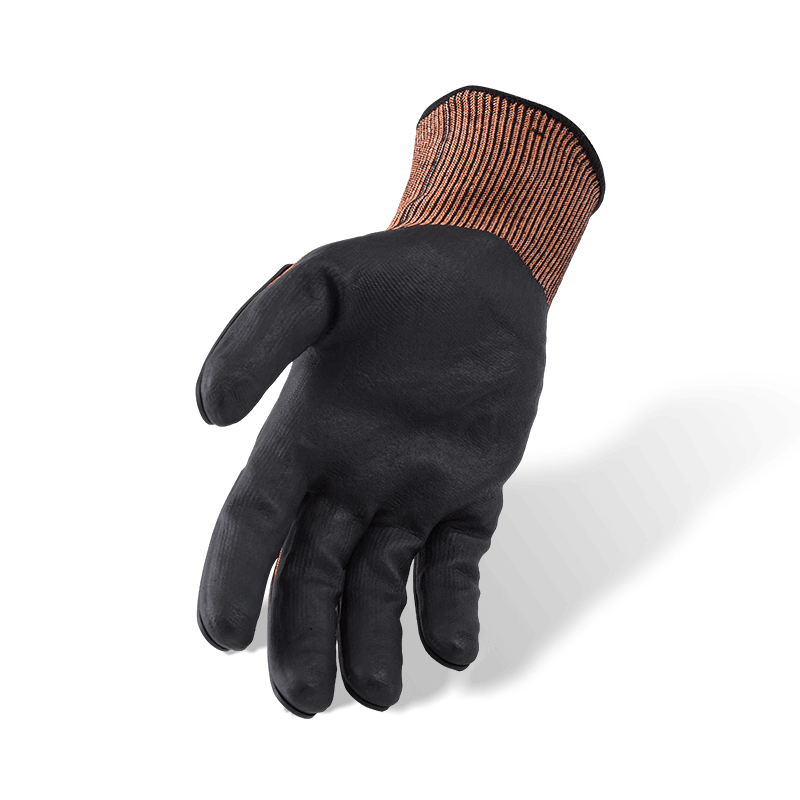 Guantes resistentes a cortes ANSI A5 de color naranja calibre 15 con microespuma de nitrilo negro para palma y protección contra impactos en la parte posterior de la mano con TPR