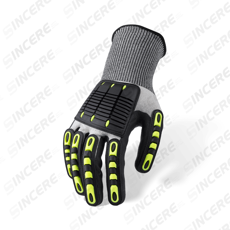 Guantes resistentes a cortes ANSI A4 gris claro calibre 15 con microespuma de nitrilo negro para palma y protección contra impactos en la parte posterior de la mano TPR