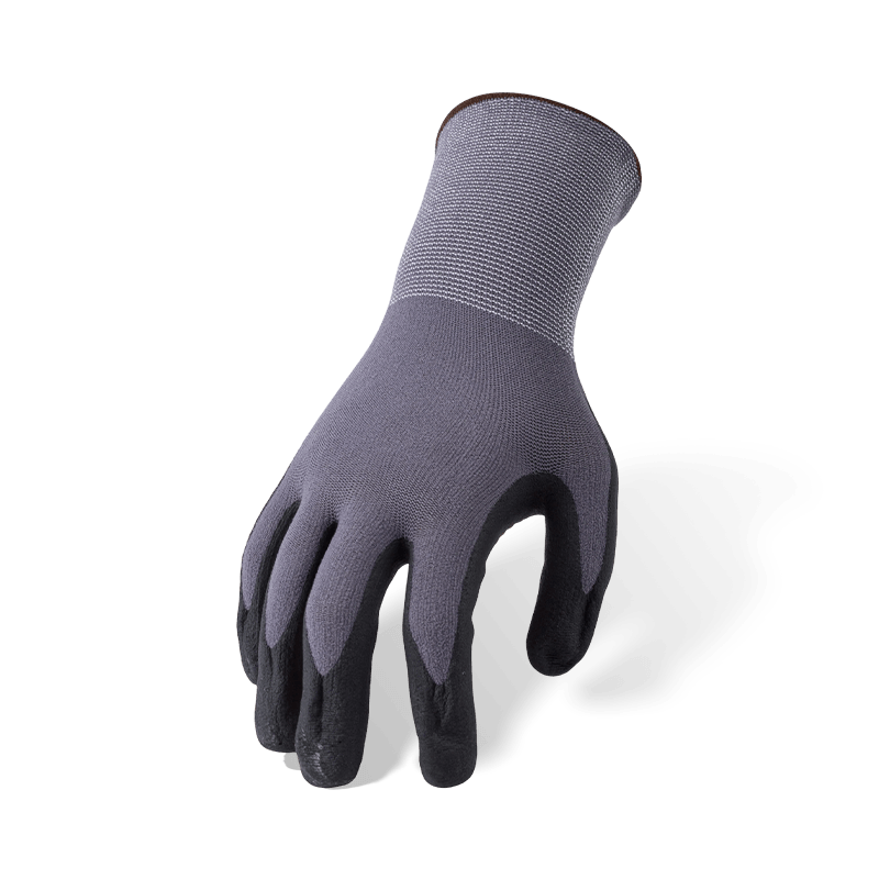 Guantes de spandex de nailon calibre 15 con palma de microespuma de nitrilo negro y agarre antideslizante con puntos de PVC naranja