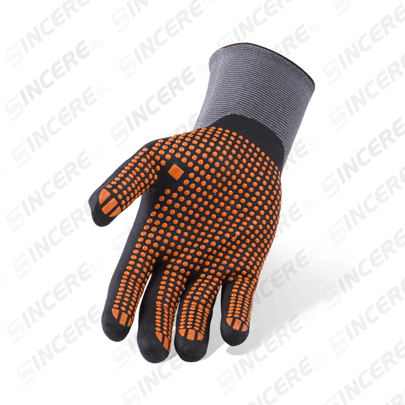 Guantes de spandex de nailon calibre 15 con palma de microespuma de nitrilo negro y agarre antideslizante con puntos de PVC naranja