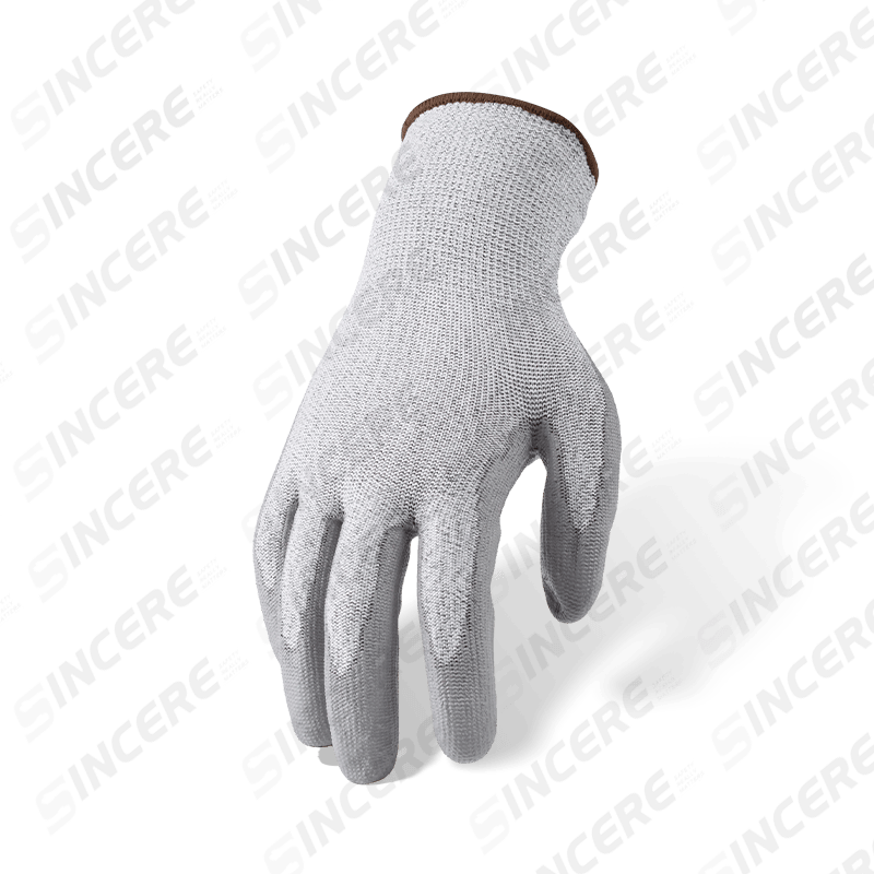 Guantes resistentes a cortes ANSI A4 calibre 13 con revestimiento de palma de PU gris — protección de corte medio-alto con agarre de precisión