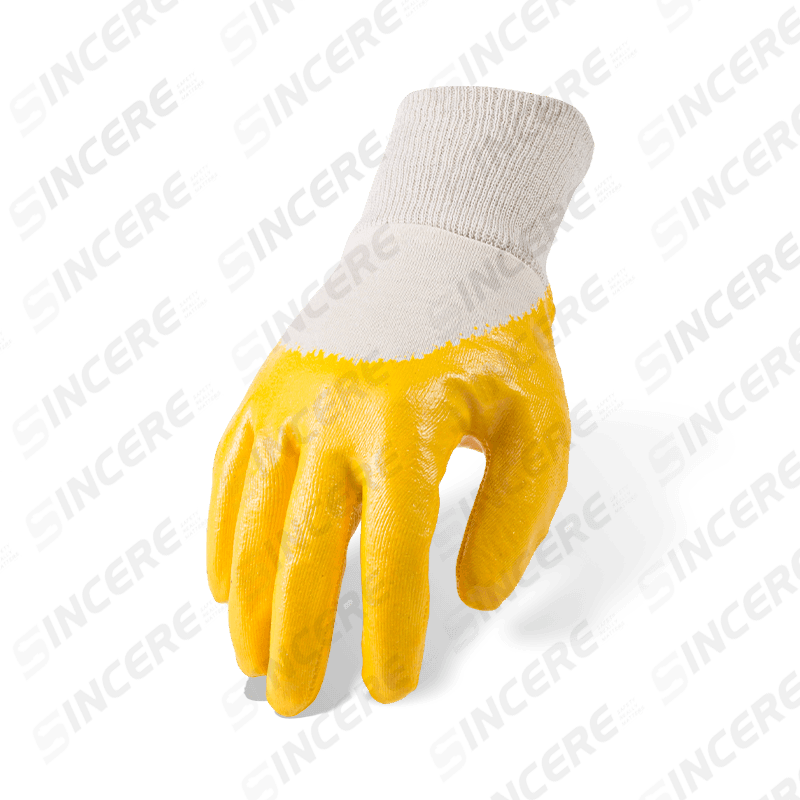 Guantes de trabajo lisos de nitrilo amarillo con forro polar de algodón de calibre 7, 3/4 sumergidos — resistentes al agua térmica