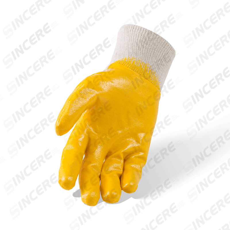 Guantes de trabajo lisos de nitrilo amarillo con forro polar de algodón de calibre 7, 3/4 sumergidos — resistentes al agua térmica