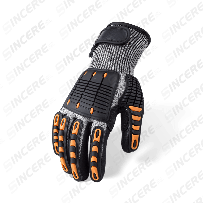Guantes resistentes a cortes ANSI A6 calibre 13 con palma arenosa de nitrilo negro, protección contra impactos TPR y cierre de muñeca ajustable — Mecánica de alta resistencia