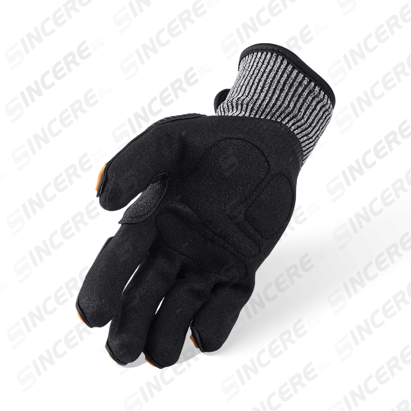 Guantes resistentes a cortes ANSI A6 calibre 13 con palma arenosa de nitrilo negro, protección contra impactos TPR y cierre de muñeca ajustable — Mecánica de alta resistencia