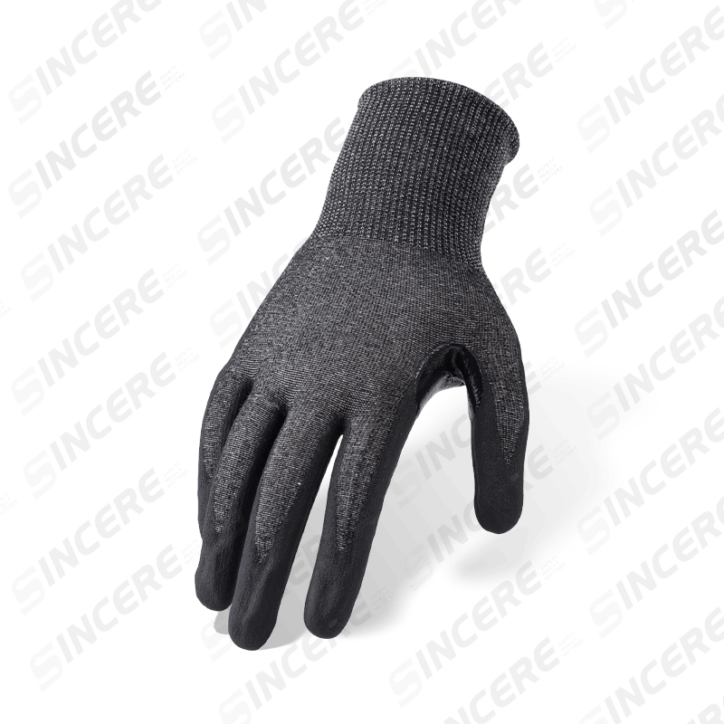 Guantes resistentes a cortes ANSI A6 calibre 18 con palma de microespuma de nitrilo negro y entrepierna de pulgar reforzada — Protección contra cortes pesados de calibre fino