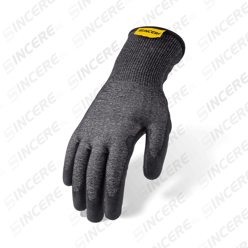 Guantes resistentes a cortes ANSI A6 de calibre 18 con palma de PU negra y entrepierna con pulgar reforzada con nitrilo — Protección contra cortes pesados de calibre fino