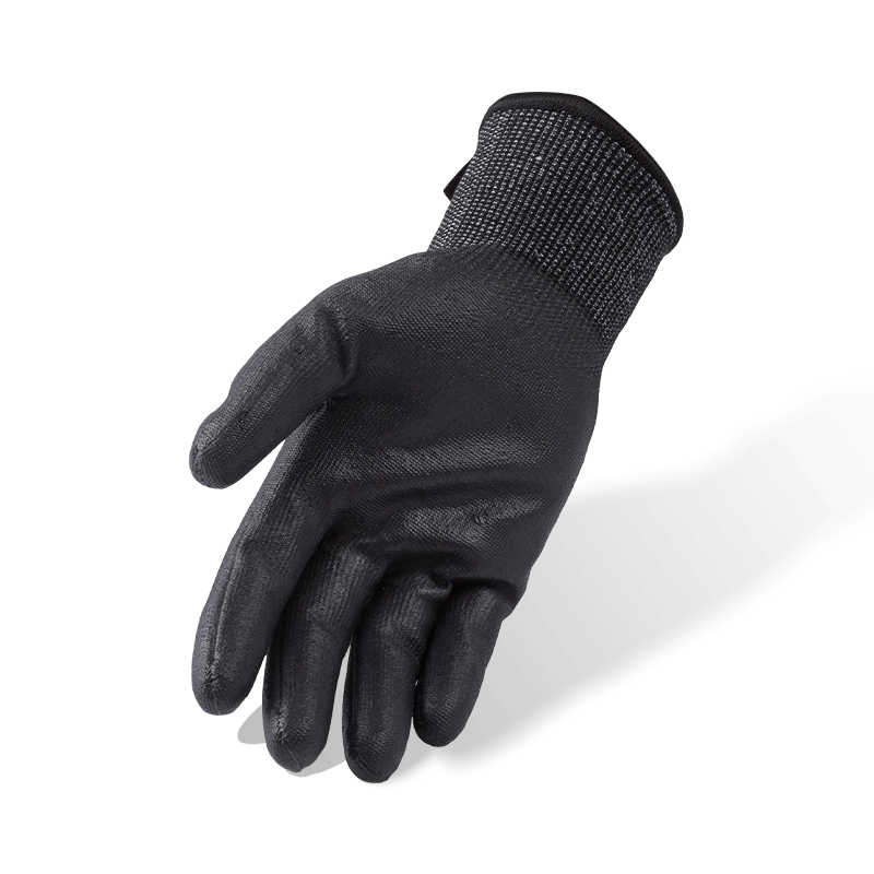 Guantes resistentes a cortes ANSI A6 de calibre 18 con palma de PU negra y entrepierna con pulgar reforzada con nitrilo — Protección contra cortes pesados de calibre fino Guantes resistentes a cortes ANSI A6 de calibre 18 con palma de PU negra y entrepierna con pulgar reforzada con nitrilo — Protección contra cortes pesados de calibre fino
