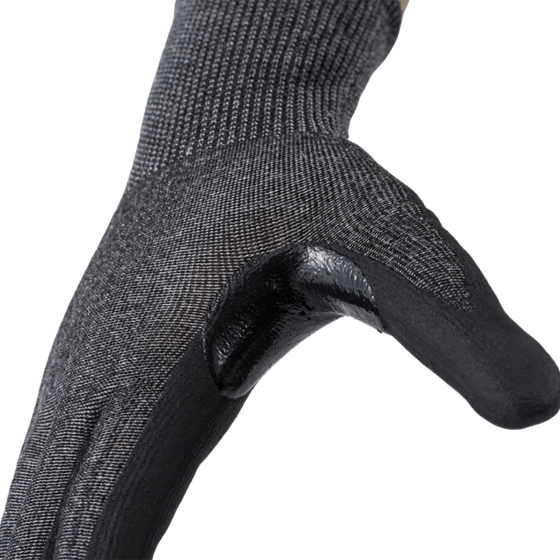 Guantes resistentes a cortes ANSI A6 de calibre 18 con palma de PU negra y entrepierna con pulgar reforzada con nitrilo — Protección contra cortes pesados de calibre fino Guantes resistentes a cortes ANSI A6 de calibre 18 con palma de PU negra y entrepierna con pulgar reforzada con nitrilo — Protección contra cortes pesados de calibre fino