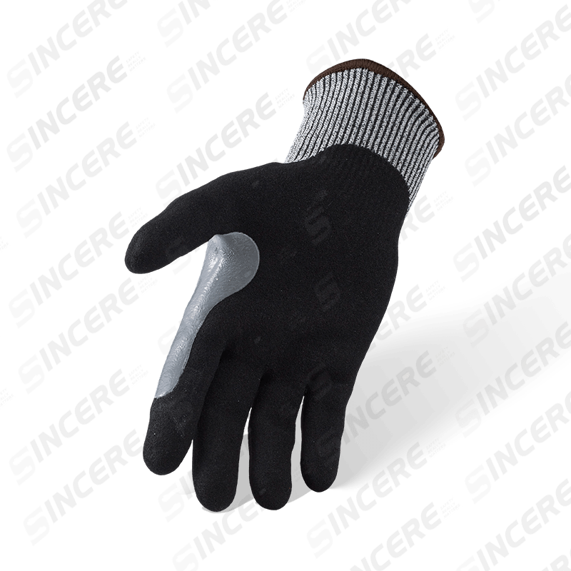 Guantes resistentes a cortes ANSI A4 calibre 13 con palma arenosa de nitrilo negro y entrepierna con pulgar reforzada extralarga Guantes resistentes a cortes ANSI A4 calibre 13 con palma arenosa de nitrilo negro y entrepierna con pulgar reforzada extralarga