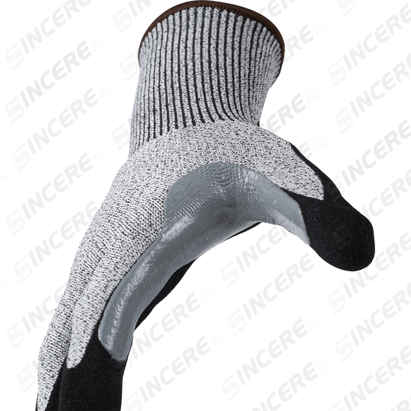 Guantes resistentes a cortes ANSI A4 calibre 13 con palma arenosa de nitrilo negro y entrepierna con pulgar reforzada extralarga Guantes resistentes a cortes ANSI A4 calibre 13 con palma arenosa de nitrilo negro y entrepierna con pulgar reforzada extralarga
