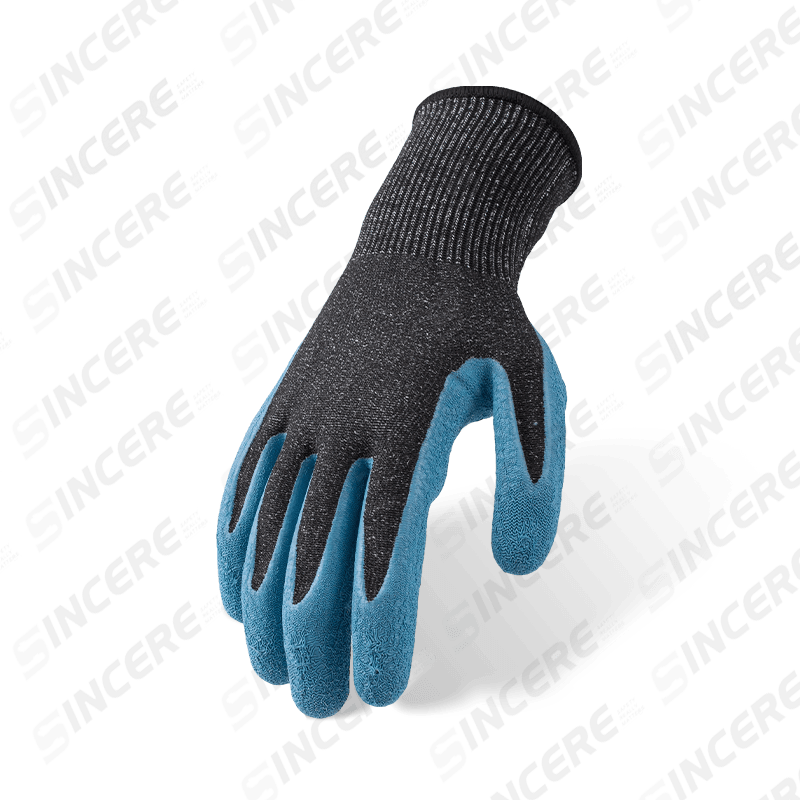 Guantes resistentes a cortes ANSI A6 de calibre 13 con revestimiento de palma arrugado de látex azul — protección contra cortes pesados de nivel 3 de abrasión