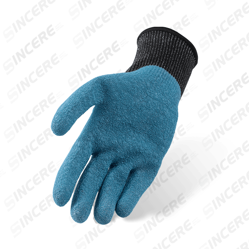 Guantes resistentes a cortes ANSI A6 de calibre 13 con revestimiento de palma arrugado de látex azul — protección contra cortes pesados de nivel 3 de abrasión Guantes resistentes a cortes ANSI A6 de calibre 13 con revestimiento de palma arrugado de látex azul — protección contra cortes pesados de nivel 3 de abrasión