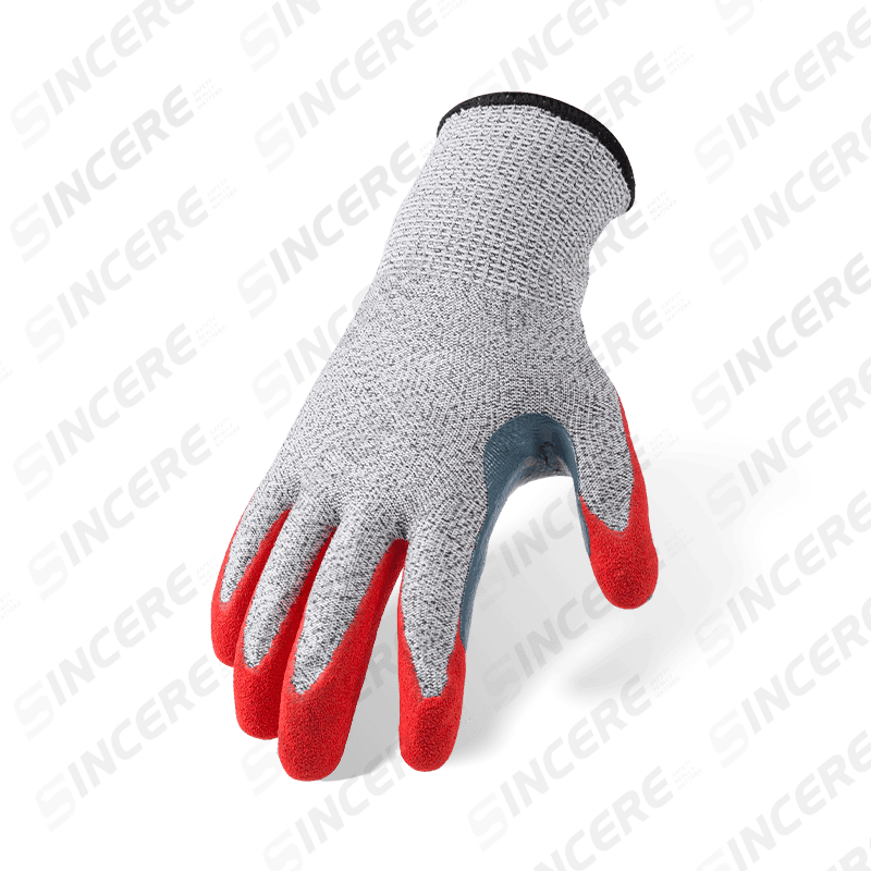 Guantes resistentes a cortes ANSI A3 calibre 13 con palma arenosa de nitrilo rojo y entrepierna con pulgar reforzada extralarga