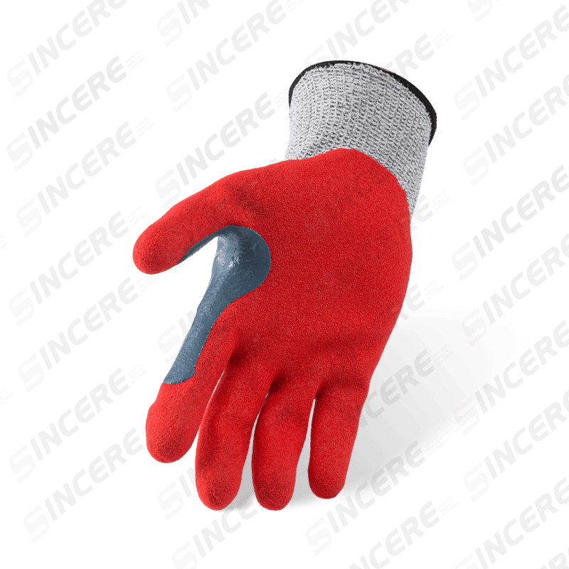 Guantes resistentes a cortes ANSI A3 calibre 13 con palma arenosa de nitrilo rojo y entrepierna con pulgar reforzada extralarga Guantes resistentes a cortes ANSI A3 calibre 13 con palma arenosa de nitrilo rojo y entrepierna con pulgar reforzada extralarga