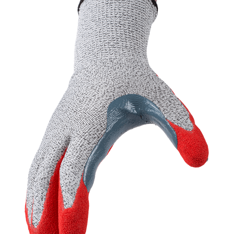 Guantes resistentes a cortes ANSI A3 calibre 13 con palma arenosa de nitrilo rojo y entrepierna con pulgar reforzada extralarga Guantes resistentes a cortes ANSI A3 calibre 13 con palma arenosa de nitrilo rojo y entrepierna con pulgar reforzada extralarga