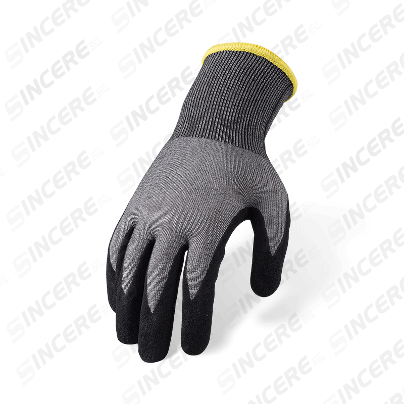 Guantes resistentes a cortes ANSI A6 calibre 18 con nitrilo negro Sandy Palm — Protección de corte pesado ultrafina