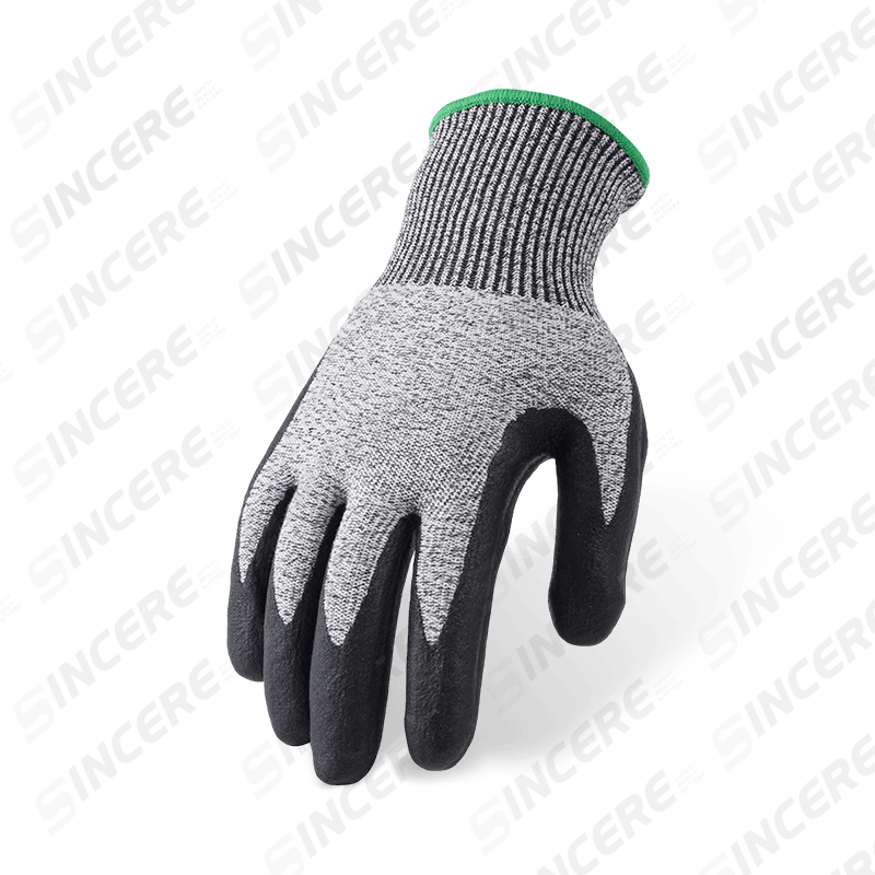 Guantes resistentes a cortes ANSI A4 calibre 13 con textura de rejilla para palma y gofre de microespuma de nitrilo negro — agarre mejorado