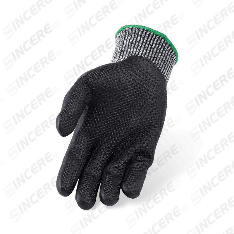 Guantes resistentes a cortes ANSI A4 calibre 13 con textura de rejilla para palma y gofre de microespuma de nitrilo negro — agarre mejorado Guantes resistentes a cortes ANSI A4 calibre 13 con textura de rejilla para palma y gofre de microespuma de nitrilo negro — agarre mejorado