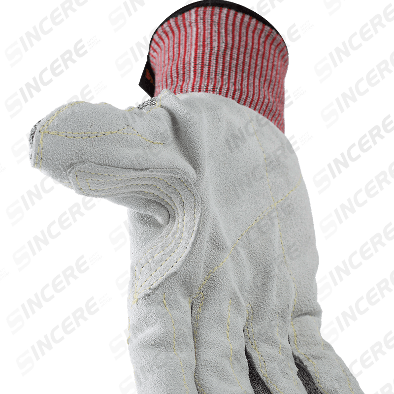 Guantes resistentes a cortes ANSI A6 calibre 13 con palma de cuero (grano completo/dividido) y entrepierna reforzada para el pulgar — protección contra cortes de cuero de alta resistencia Guantes resistentes a cortes ANSI A6 calibre 13 con palma de cuero (grano completo/dividido) y entrepierna reforzada para el pulgar — protección contra cortes de cuero de alta resistencia