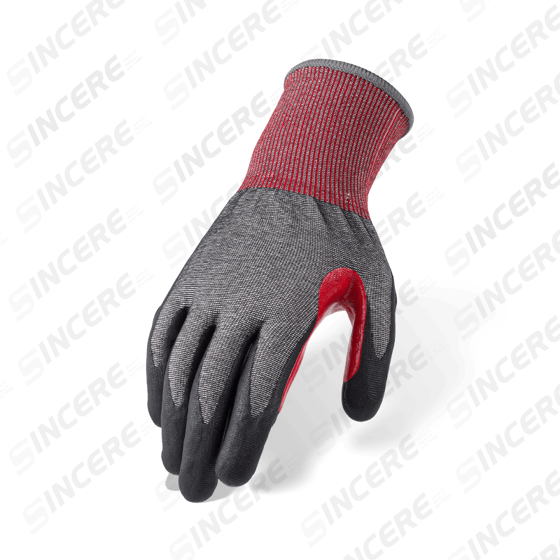 Guantes resistentes a cortes ANSI A5 calibre 18 con palma de microespuma de nitrilo negro y entrepierna de pulgar reforzada extendida roja Guantes resistentes a cortes ANSI A5 calibre 18 con palma de microespuma de nitrilo negro y entrepierna de pulgar reforzada extendida roja