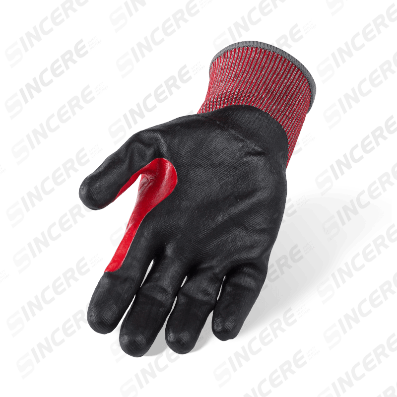 Guantes resistentes a cortes ANSI A5 calibre 18 con palma de microespuma de nitrilo negro y entrepierna de pulgar reforzada extendida roja Guantes resistentes a cortes ANSI A5 calibre 18 con palma de microespuma de nitrilo negro y entrepierna de pulgar reforzada extendida roja