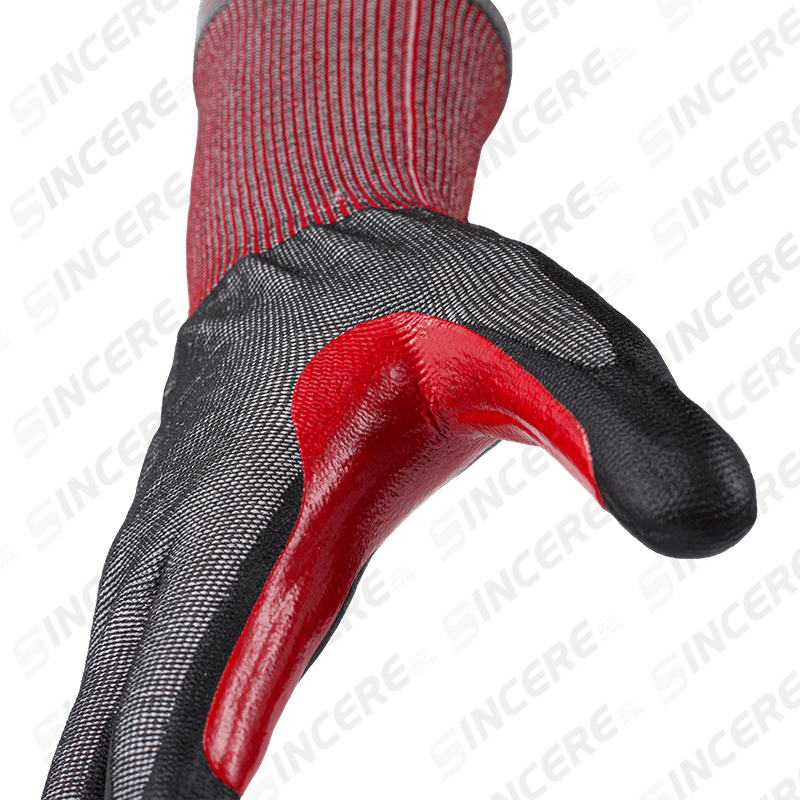 Guantes resistentes a cortes ANSI A5 calibre 18 con palma de microespuma de nitrilo negro y entrepierna de pulgar reforzada extendida roja Guantes resistentes a cortes ANSI A5 calibre 18 con palma de microespuma de nitrilo negro y entrepierna de pulgar reforzada extendida roja