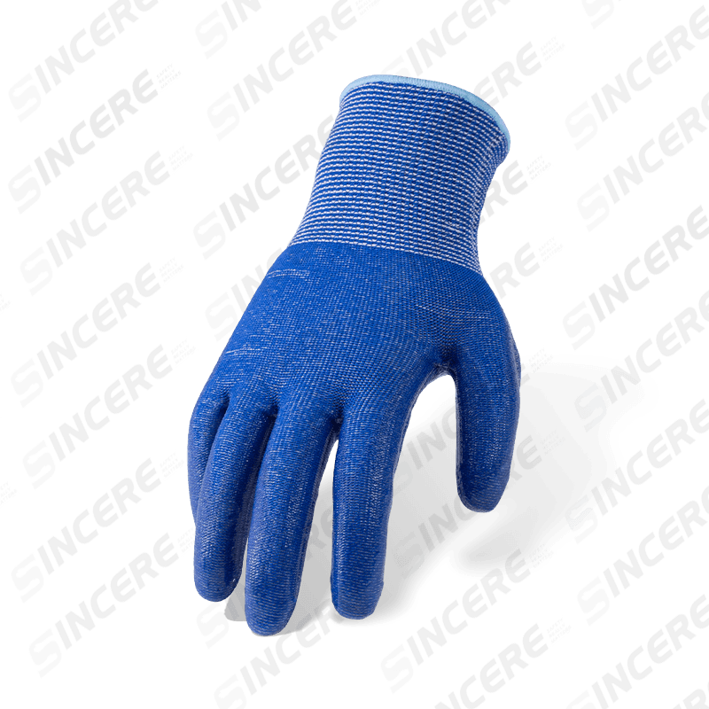 Guantes resistentes a cortes ANSI A4 azules calibre 13 con revestimiento de silicona transparente para palma — Protección de corte medio-alto resistente al calor