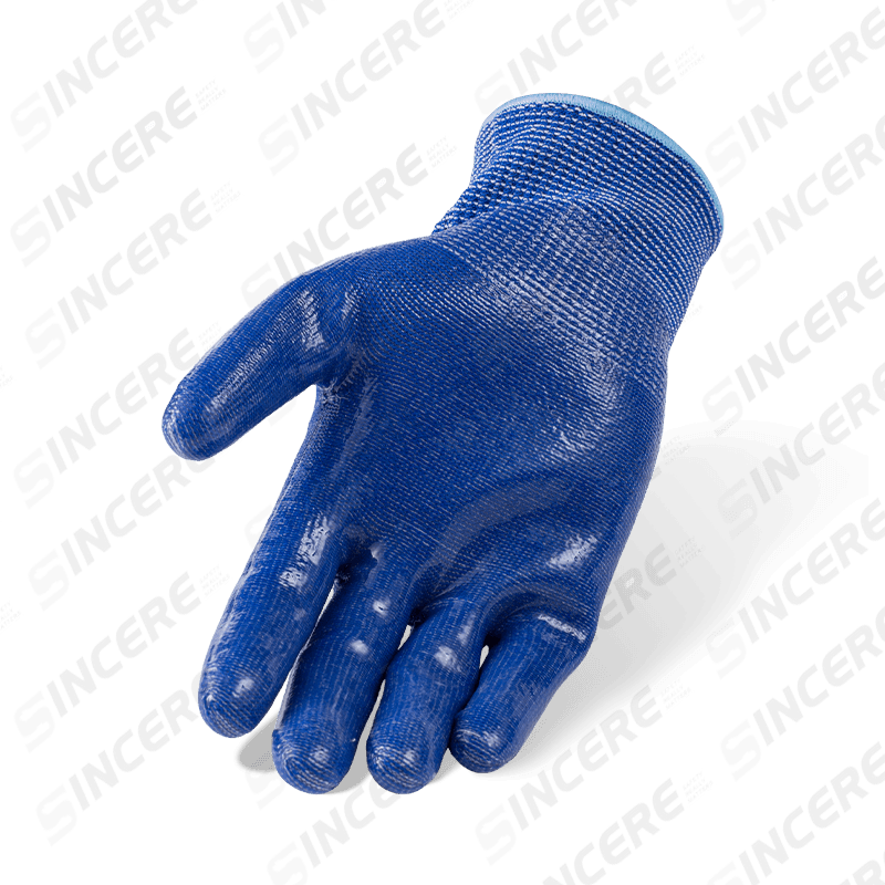 Guantes resistentes a cortes ANSI A4 azules calibre 13 con revestimiento de silicona transparente para palma — Protección de corte medio-alto resistente al calor Guantes resistentes a cortes ANSI A4 azules calibre 13 con revestimiento de silicona transparente para palma — Protección de corte medio-alto resistente al calor
