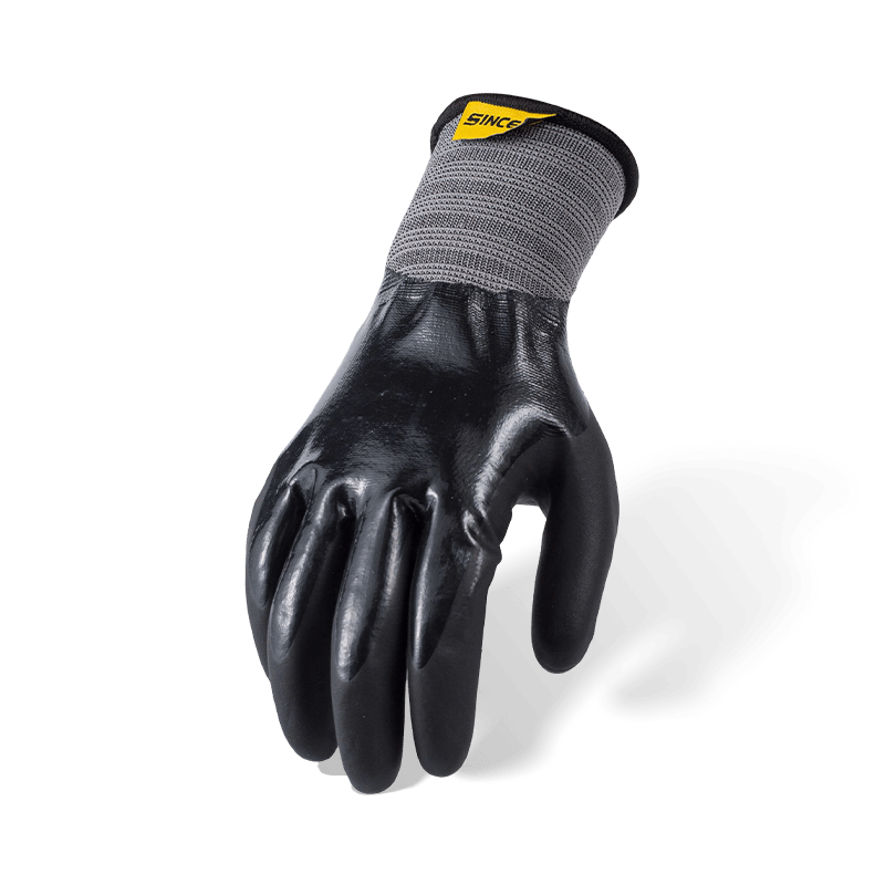 Guantes lisos de nitrilo negro totalmente recubiertos de nailon calibre 15 con capa superior de palma de microespuma — protección impermeable de doble capa