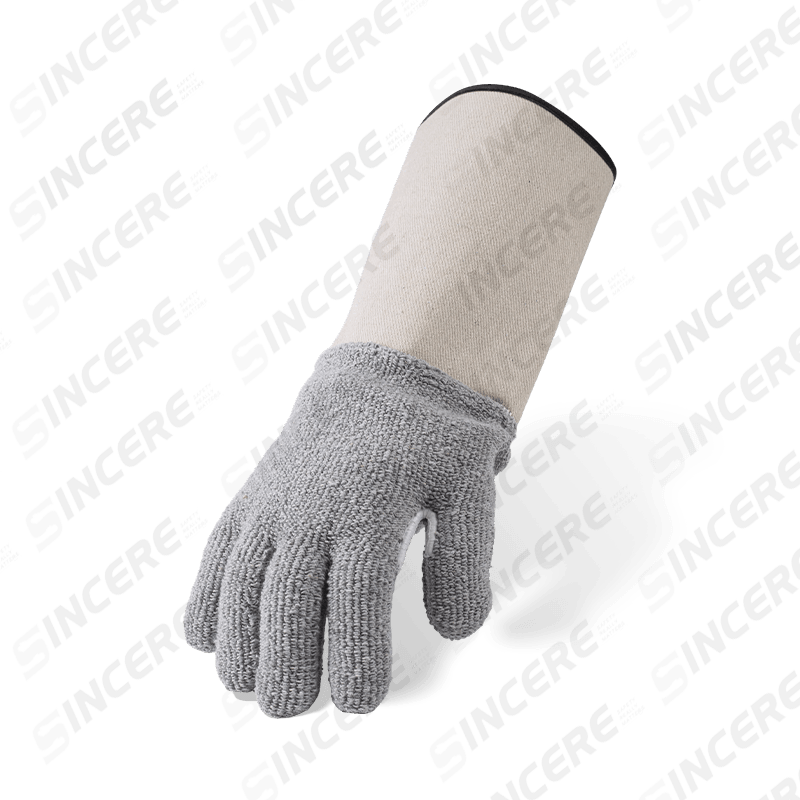 Guantes resistentes al calor de tela de rizo de algodón gris con puño de neopreno — Protección térmica industrial